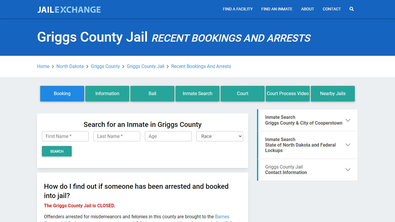 Griggs County Jail Recent Bookings And Arrests - Jail Exchange